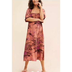 NWT Anthropologie Dress L Orange Floral Boho Prairie Festival Smocked‎ Open Back